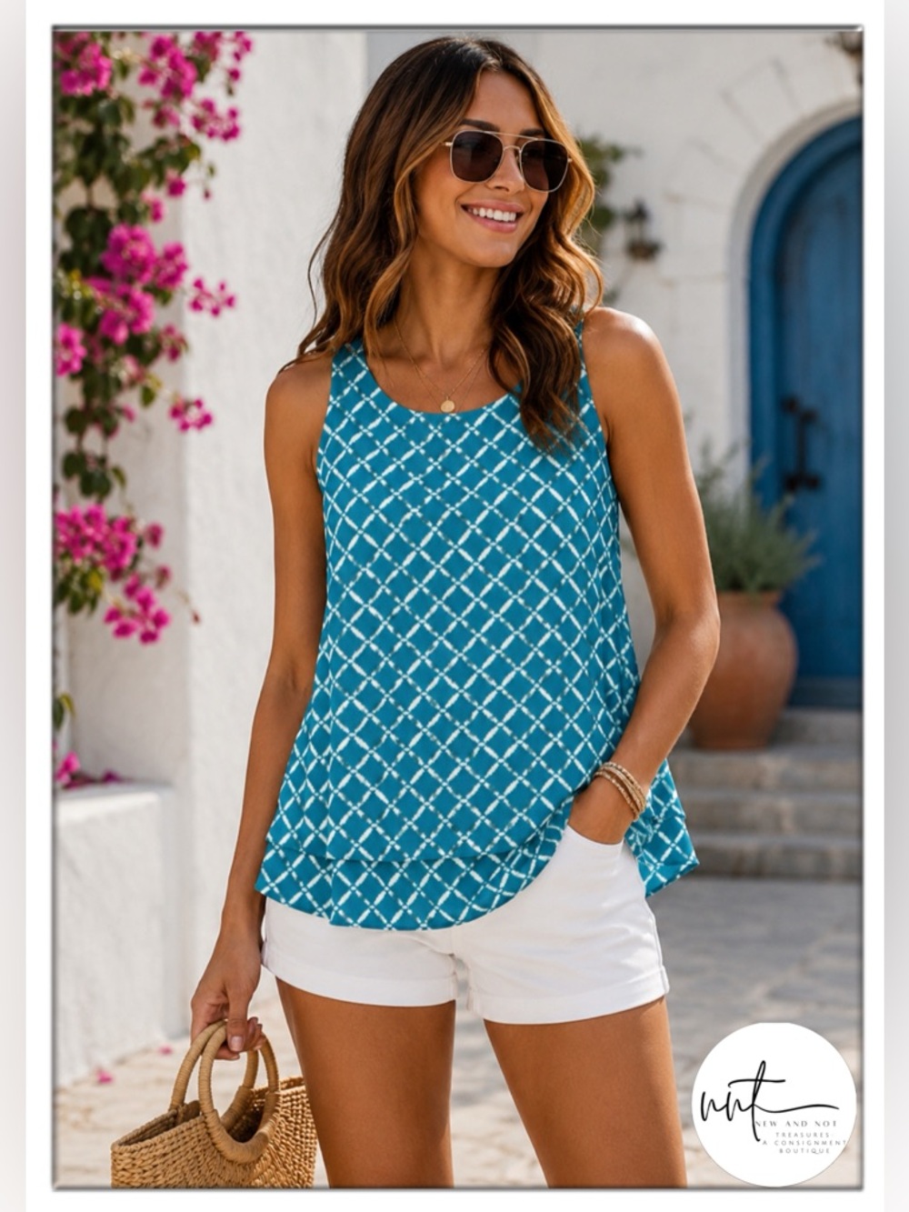 Worthington Small Teal Geometric Cold Shoulder Layered Blouse Sleeveless Top